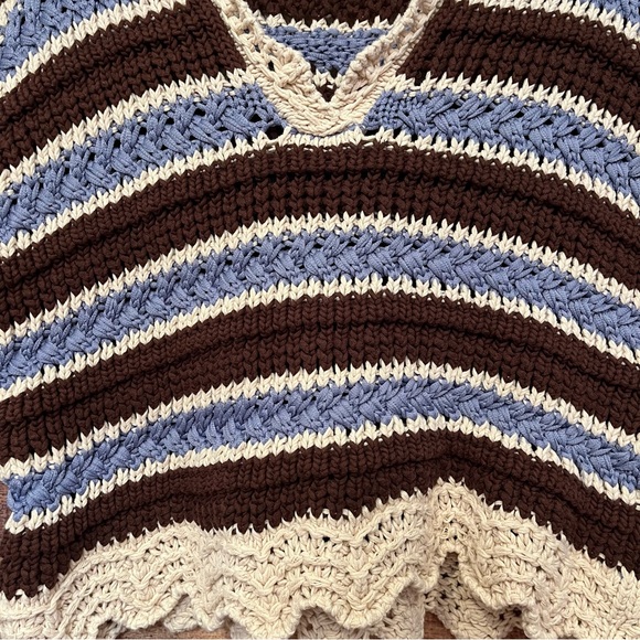 (Flawed) Zara Striped Crochet Knit Top Brown/Blue Cream Hooded Size Small - Picture 8 of 10